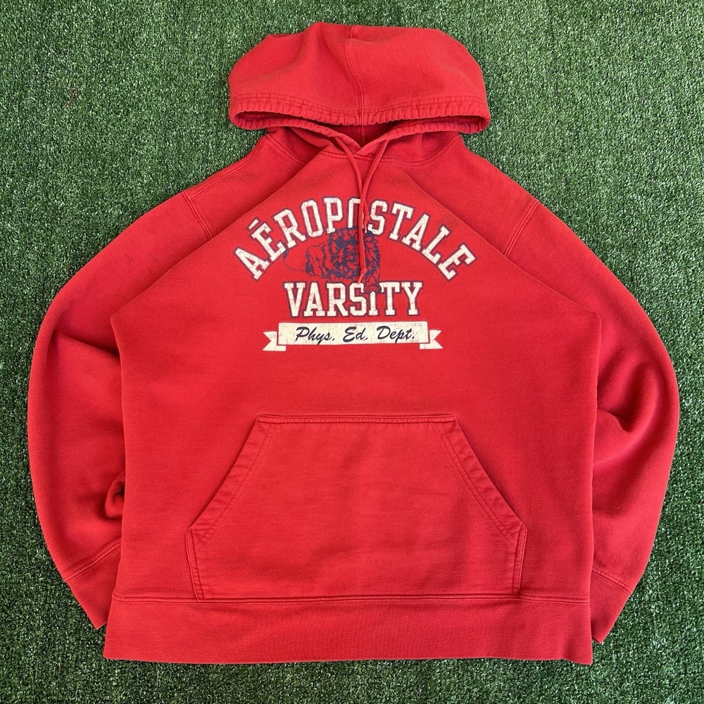 Vintage Y2K Men's Aeropostale Varsity Red Lion Boxy Hoodie Medium‎ 22.25x25.25"